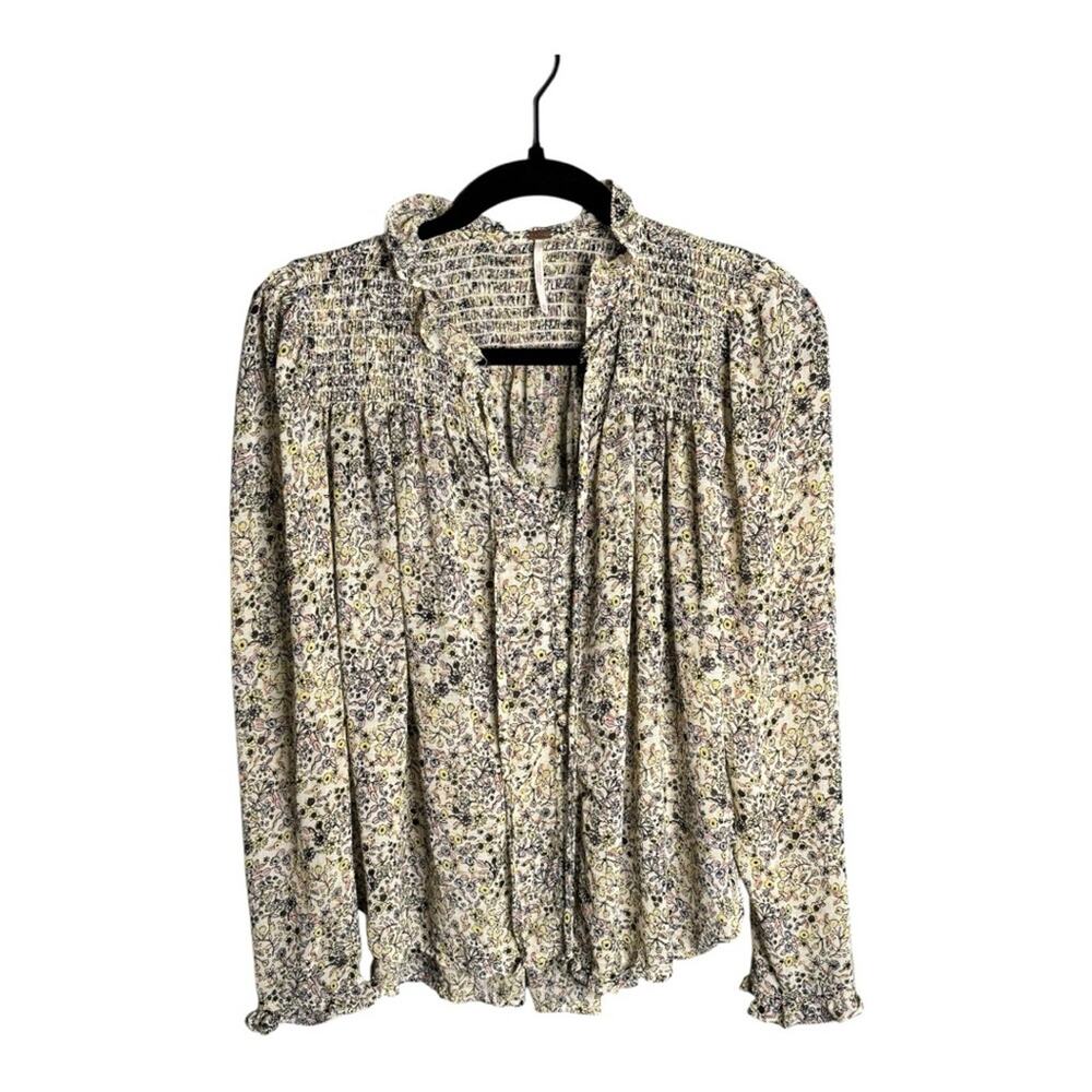 Free People Yellow Purple Floral Long Sleeve Blouse XS
